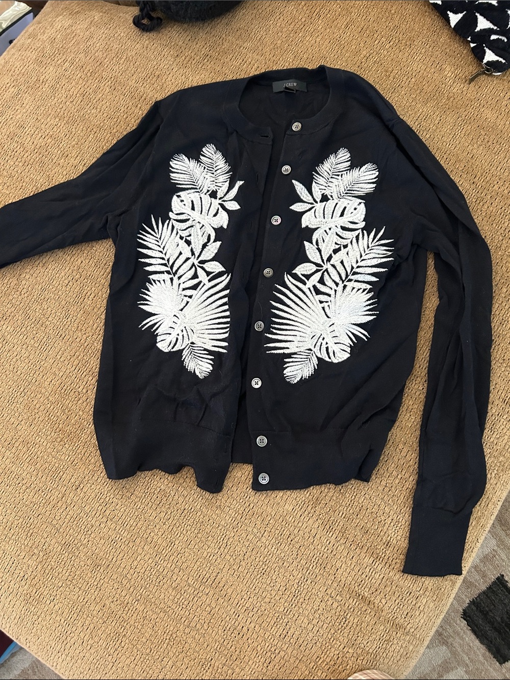 J. Crew Black Cardigan with White Leaf Embroidery